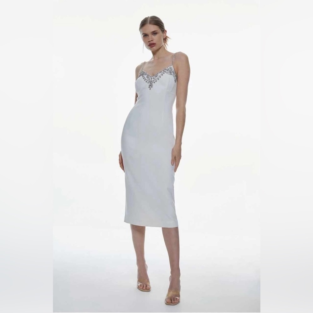 Karen Millen, Crystal Embellished Strappy Woven Midi Dress - Ivory. Size:6 US.